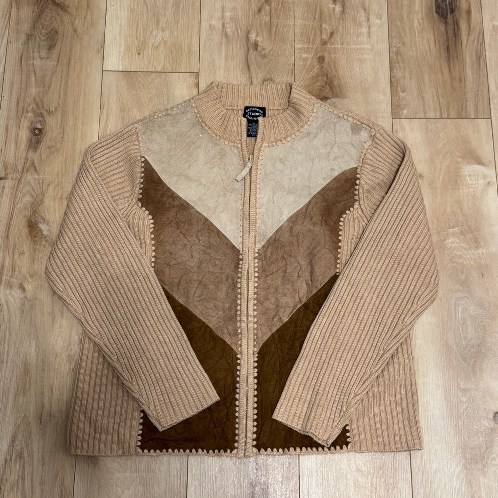 Vintage 90s Leather Patchwork Knit Zip Jacket Designers Studio Originals XL